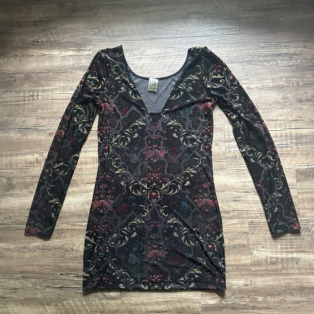 Free People Dress Mini Womens M Black Floral Velvet Bodycon Burnout Grunge Goth - Picture 2 of 8